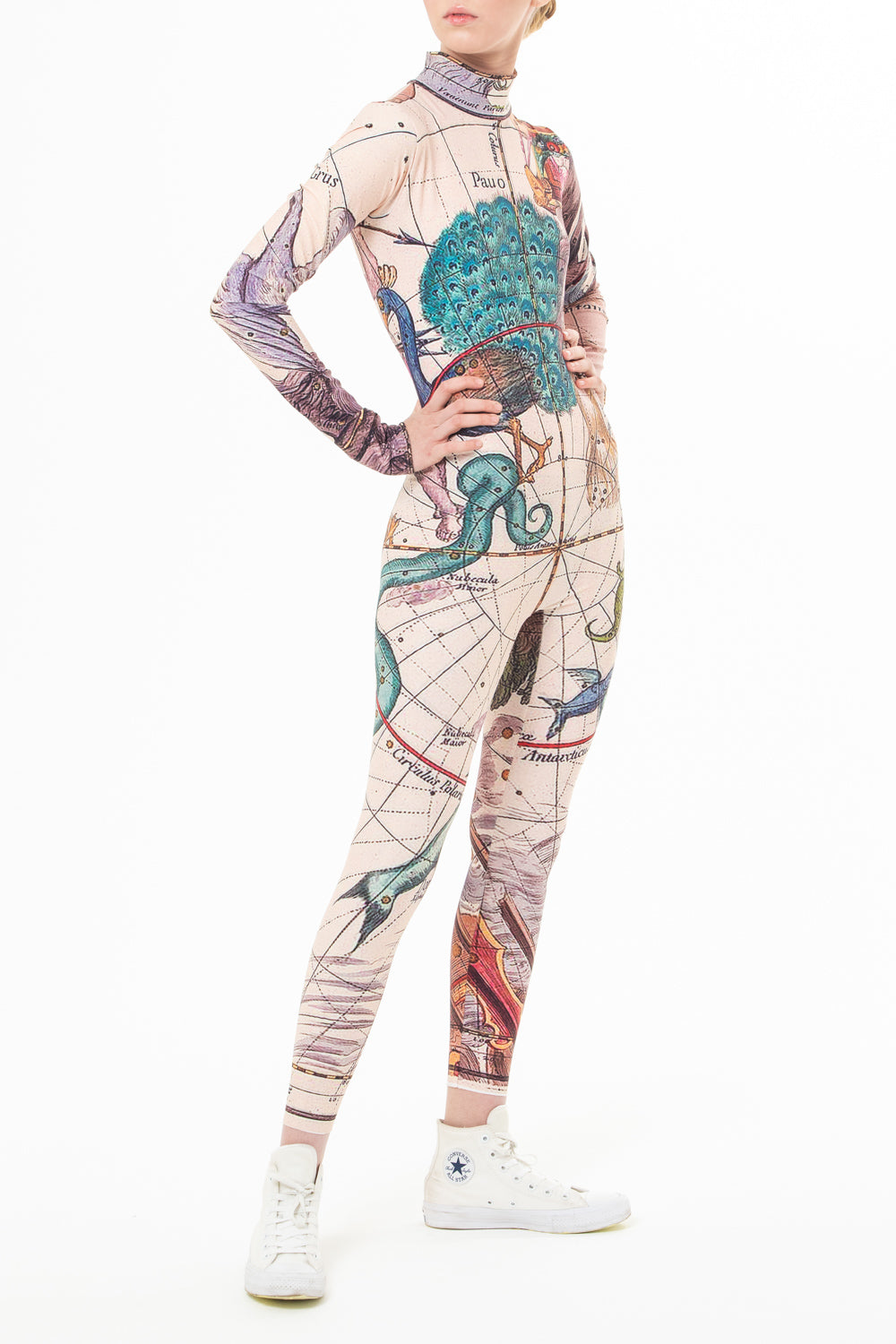 One-piece suit in printed fabric